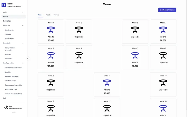 Interfaz de Kosmo POS mostrando el panel de ventas, inventario y gestión de mesas para restaurantes