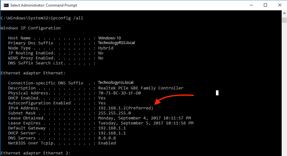 Ejemplo de comando ipconfig en Windows